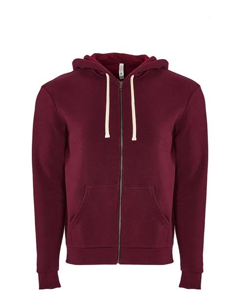 The Next Level 9602 is a maroon cotton hoodie with white drawstrings and front pockets, shown on a plain white background—a stylish, socially conscious choice.