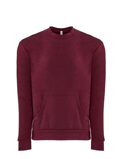 The Next Level 9001 is a unisex maroon crew neck sweatshirt with long sleeves and a front kangaroo pocket, made from soft cotton/polyester fleece, shown against a white background.