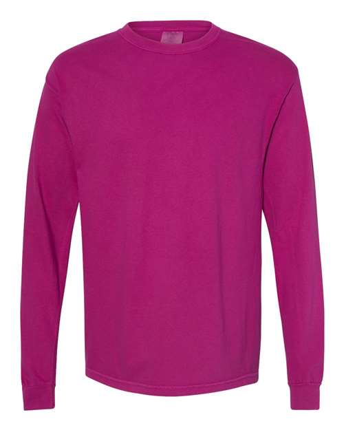 The Comfort Colors 6014 is a long-sleeve, crew neck shirt in bright magenta, displayed on a white background and made from soft ring spun cotton for lasting comfort.