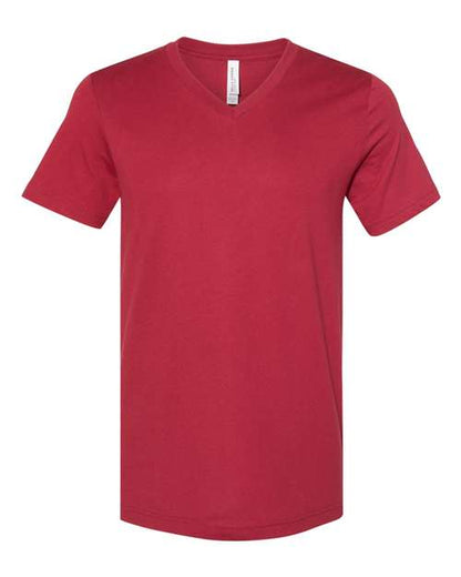 A BELLA + CANVAS 3005 unisex red V-neck short-sleeve t-shirt, made from Airlume combed cotton, shown on a white background.