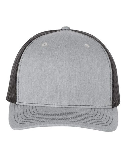 The Richardson 112FP by Richardson is a gray baseball cap with a curved brim and black polyester mesh back panels, shown from the front against a white background.