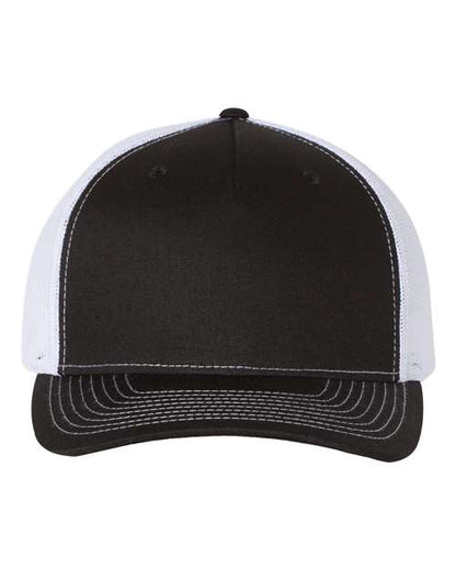 The Richardson 112FP by Richardson is a black and white trucker hat with a black front panel and bill with white stitching, plus a polyester mesh back and adjustable snapback closure for comfort.
