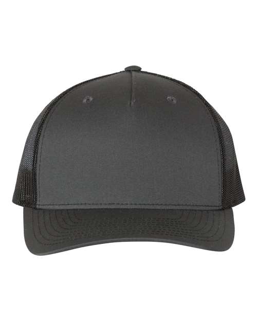 The Richardson 112FP by Richardson is a plain black trucker hat featuring a curved bill, solid front panel, and polyester mesh back panels, shown from the front against a white background.