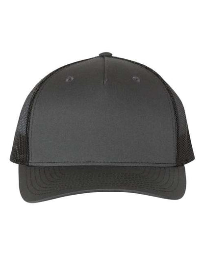 The Richardson 112FP by Richardson is a plain black trucker hat featuring a curved bill, solid front panel, and polyester mesh back panels, shown from the front against a white background.