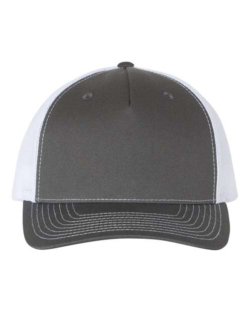 The Richardson 112FP by Richardson is a gray and white trucker hat with a curved bill, visible stitching on the brim, polyester mesh back, and snapback closure. Shown from the front.
