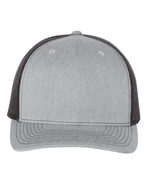 The Richardson 112FP by Richardson is a gray baseball cap with a curved bill and black polyester mesh back panels, shown from the front, providing breathable comfort and sustainable style.