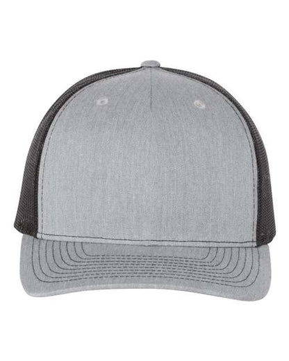 The Richardson 112FP by Richardson is a gray baseball cap with a curved bill and black polyester mesh back panels, shown from the front, providing breathable comfort and sustainable style.