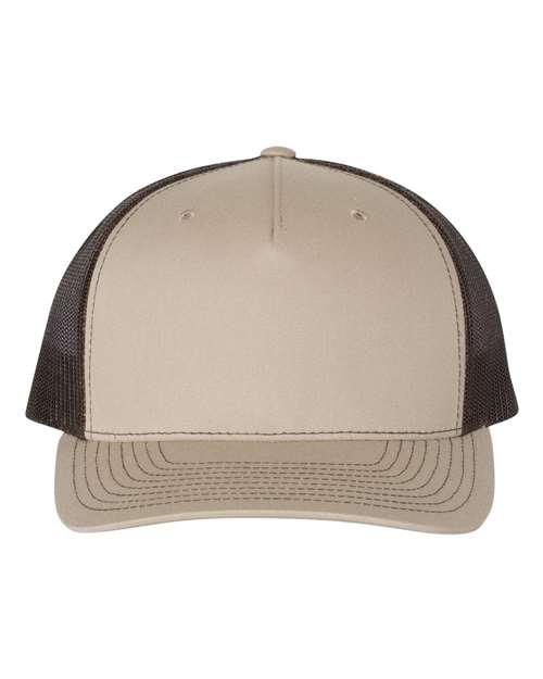 The Richardson 112FP by Richardson is a beige baseball cap with a curved brim and dark brown mesh back panels, offering breathable comfort and a hint of sustainable style.