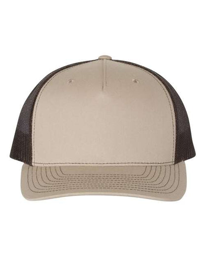 The Richardson 112FP by Richardson is a beige baseball cap with a curved brim and dark brown mesh back panels, offering breathable comfort and a hint of sustainable style.