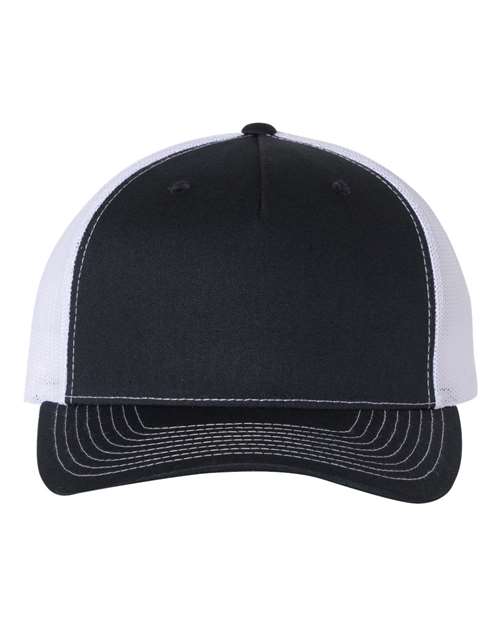 The Richardson 112FP by Richardson is a black and white trucker hat featuring a solid black front, curved black brim with white stitching, breathable polyester mesh back, and an adjustable snapback closure.