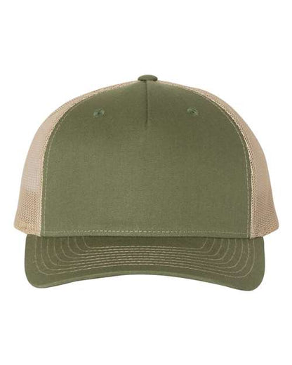 The Richardson 112FP by Richardson is a green trucker hat featuring a solid front panel, matching bill, and beige polyester mesh back panels, shown from the front.