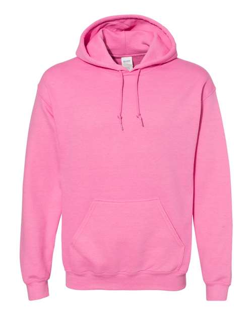 The Gildan 18500 is a plain pink Heavy Blend hoodie with a front pouch pocket and drawstrings, shown on a white background. Made from OEKO-TEX certified materials for sustainable comfort.