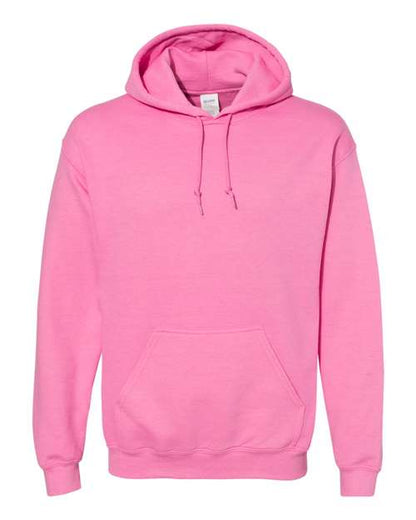 The Gildan 18500 is a plain pink Heavy Blend hoodie with a front pouch pocket and drawstrings, shown on a white background. Made from OEKO-TEX certified materials for sustainable comfort.