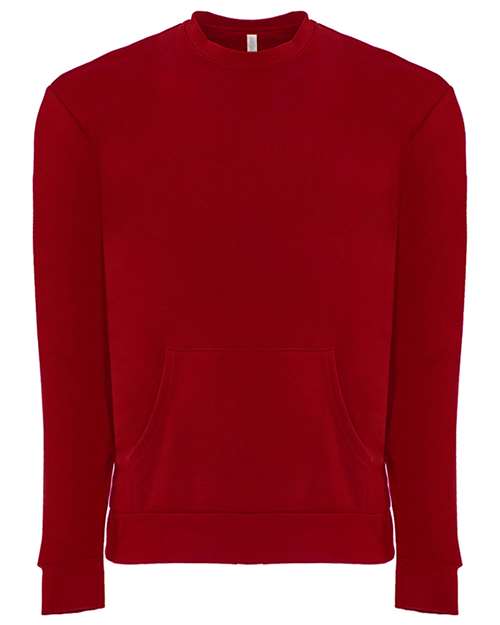 The Next Level 9001 is a unisex red crewneck sweatshirt with long sleeves and a front kangaroo pocket, made from soft cotton/polyester fleece, shown on a white background.