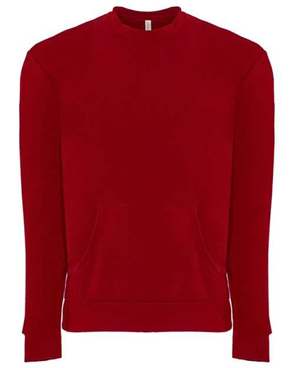 The Next Level 9001 is a unisex red crewneck sweatshirt with long sleeves and a front kangaroo pocket, made from soft cotton/polyester fleece, shown on a white background.