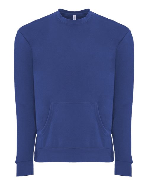 The Next Level 9001 is a unisex royal blue fleece sweatshirt with long sleeves, ribbed cuffs and hem, a front kangaroo pocket, and a cotton/poly blend, shown on a white background.