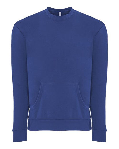 The Next Level 9001 is a unisex royal blue fleece sweatshirt with long sleeves, ribbed cuffs and hem, a front kangaroo pocket, and a cotton/poly blend, shown on a white background.