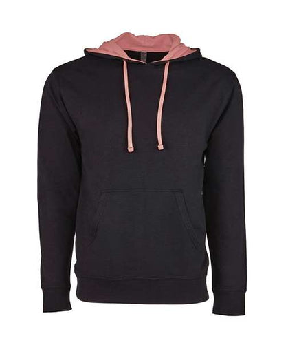 The Next Level 9301 is a black pullover hoodie in soft French terry fleece, featuring a front pocket, pink hood lining, and matching drawstrings, shown on a plain white background.