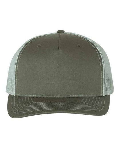 The Richardson 112FP by Richardson is an olive green baseball cap featuring a curved brim, white polyester mesh back panels, and a classic snapback closure.
