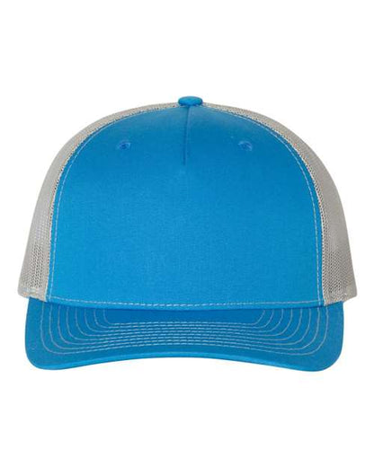 The Richardson 112FP by Richardson is a blue baseball cap with a solid front, curved bill, white stitching, breathable white polyester mesh back panels, and an adjustable snapback closure for the perfect fit.