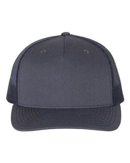 The Richardson 112FP by Richardson is a plain dark gray trucker hat with a polyester mesh back, structured front panel, and curved bill, displayed from the front on a white background.