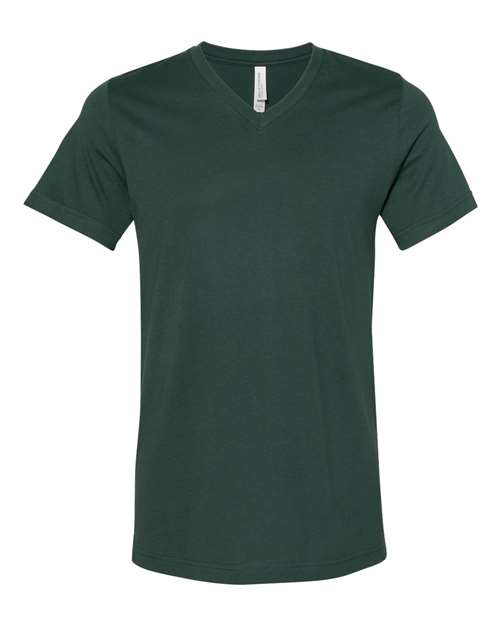 The BELLA + CANVAS 3005 is a unisex V-neck short-sleeve t-shirt in dark green, made from soft Airlume combed cotton and shown on a white background.