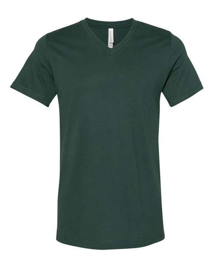 The BELLA + CANVAS 3005 is a unisex V-neck short-sleeve t-shirt in dark green, made from soft Airlume combed cotton and shown on a white background.