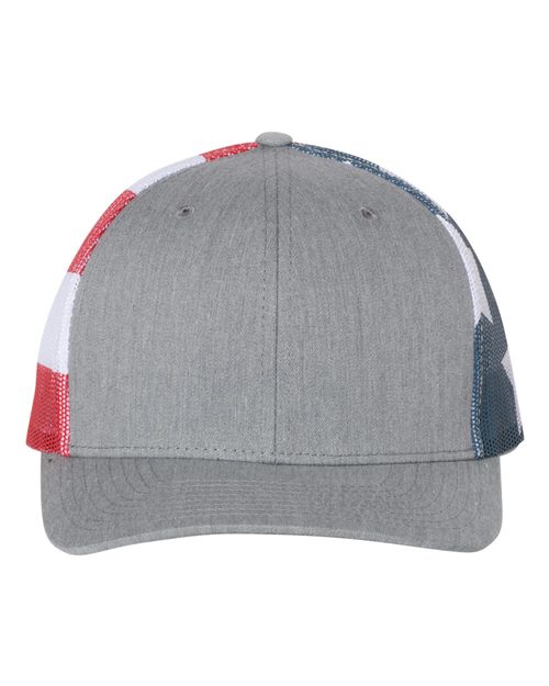 The Richardson 112PM cap by Richardson is gray with red, white, and blue star side panels and an adjustable snapback closure, shown from the front against a plain background.