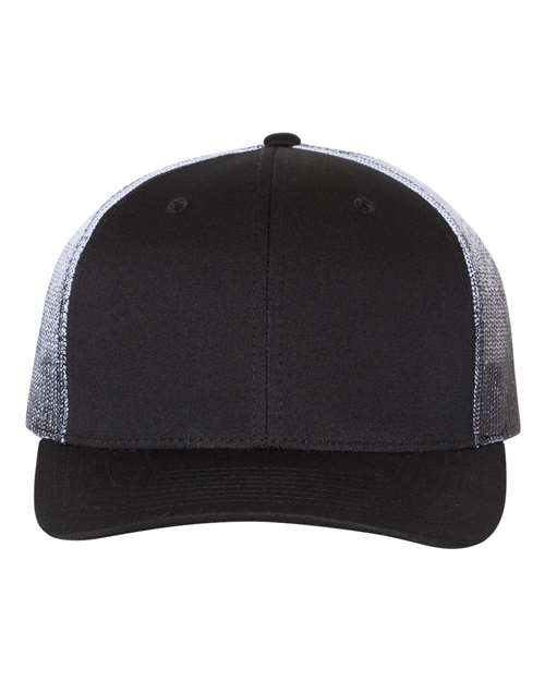 The Richardson 112PM by Richardson is a black baseball cap featuring white mesh side and back panels, a curved brim, and an adjustable snapback closure, shown from the front.