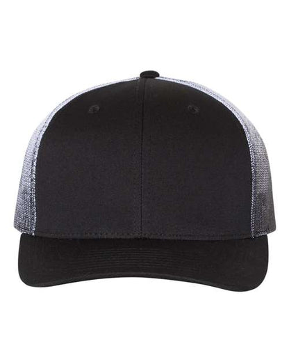 The Richardson 112PM by Richardson is a black baseball cap featuring white mesh side and back panels, a curved brim, and an adjustable snapback closure, shown from the front.