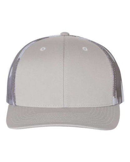 The Richardson 112PM by Richardson is a light gray baseball cap with a curved brim, mesh back panels, two front ventilation holes, and an adjustable snapback closure, shown centered against a plain background.