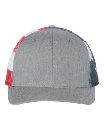 The Richardson 112PM by Richardson is a gray baseball cap with mesh side panels in red, white, and blue, accented by white stars on the right. It features a solid gray front and bill plus an adjustable snapback closure for comfort.