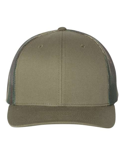 The Richardson 112PM by Richardson is an olive green trucker hat with a solid front, mesh sides and back, structured curved brim, two front eyelets, and an adjustable snapback closure for a comfortable, sustainable fit.