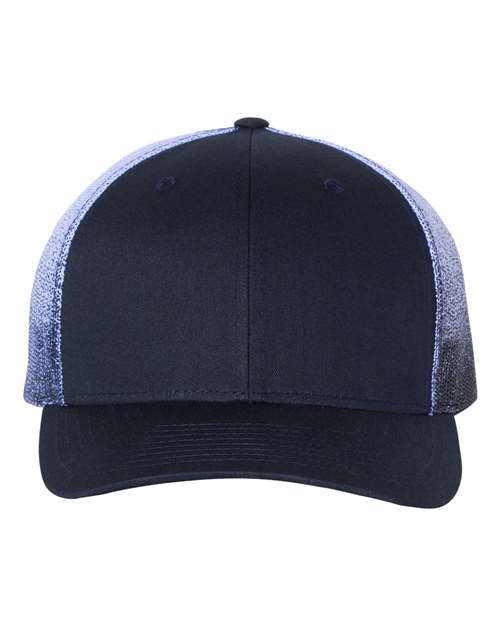 The Richardson 112PM by Richardson is a navy blue baseball cap with gray mesh side panels, a curved brim, and adjustable snapback closure, shown from the front against a white background.
