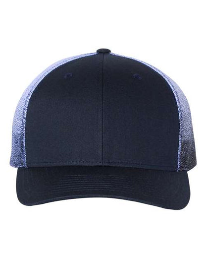 The Richardson 112PM by Richardson is a navy blue baseball cap with gray mesh side panels, a curved brim, and adjustable snapback closure, shown from the front against a white background.
