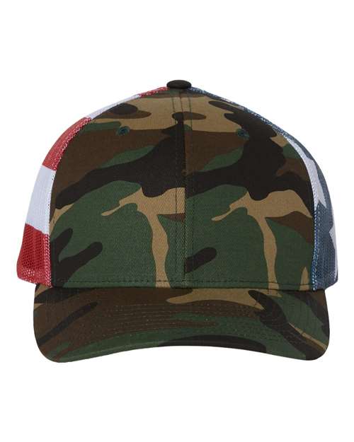 The Richardson 112PM by Richardson features a green camo front and brim, red, white, and blue mesh side panels, plus an adjustable snapback closure—delivering sustainable style for your everyday look.