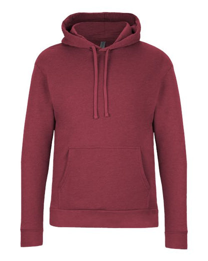 The Next Level 9302 is a maroon hoodie crafted from soft cotton-polyester fleece, with a front pocket, hood drawstrings, and tear-away label, shown on a white background.