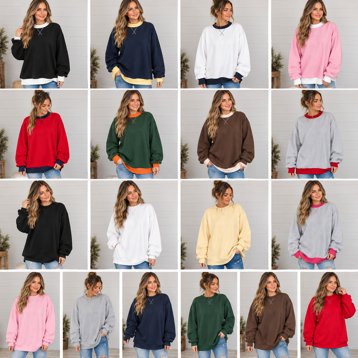 A grid of photos showing a woman wearing the DB Custom Creations Oversized Mock Neck in various solid colors, with some featuring contrasting necklines and cuffs.