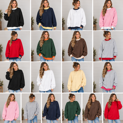 A grid of photos showing a woman wearing the DB Custom Creations Oversized Mock Neck in various solid colors, with some featuring contrasting necklines and cuffs.
