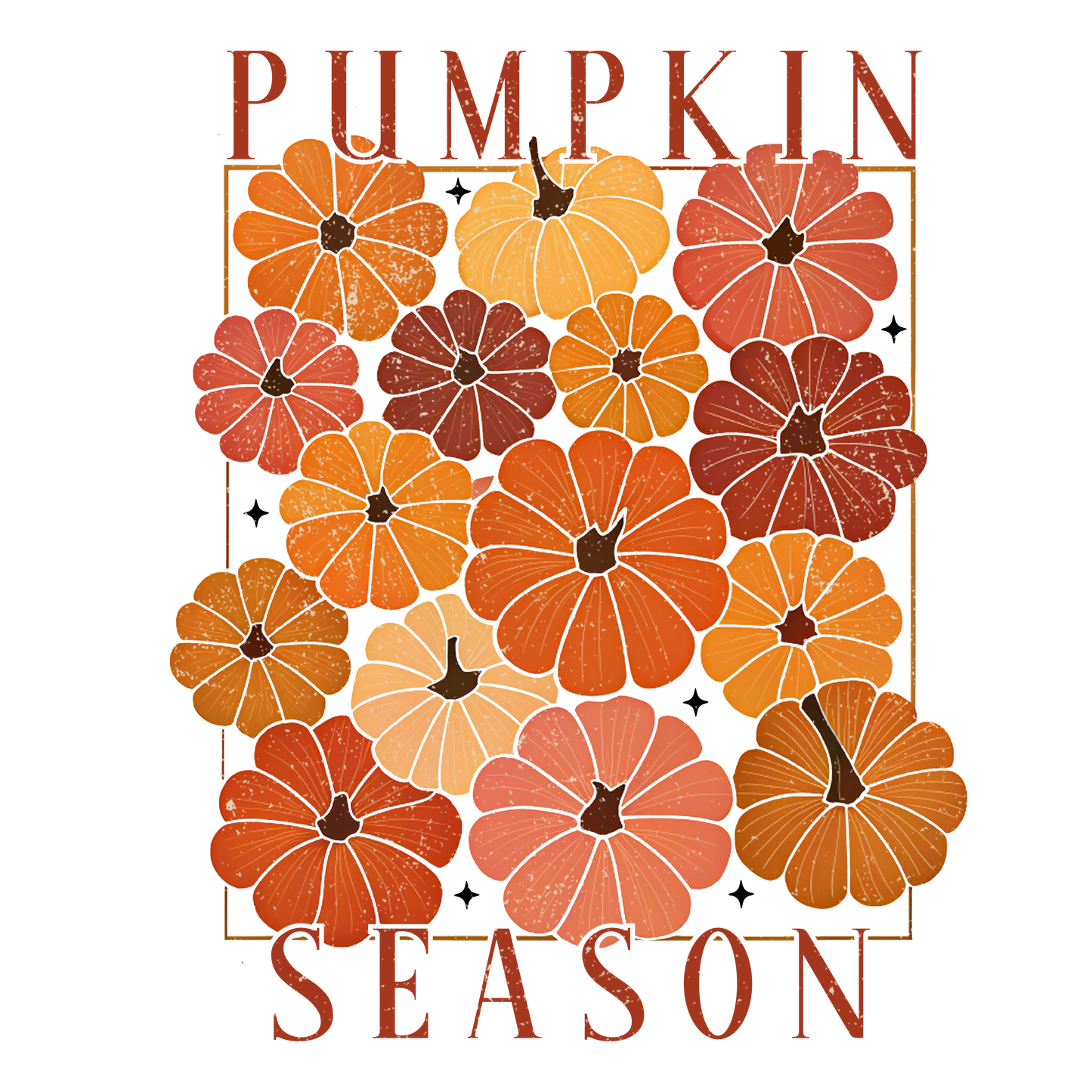 The “Pumpkin Season” design by DB Custom Creations features orange, yellow, and brown pumpkins with bold red “Pumpkin Season” text above and below, all framed by a rectangular border.