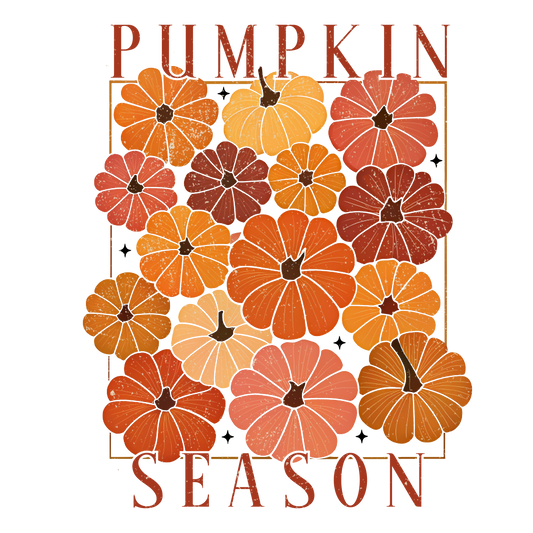 The “Pumpkin Season” design by DB Custom Creations features orange, yellow, and brown pumpkins with bold red “Pumpkin Season” text above and below, all framed by a rectangular border.
