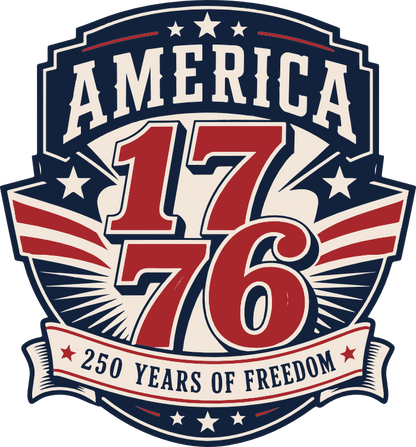 The America 1776 Acrylic Patch by DB Custom Creations features bold red and blue lettering, stars, stripes, and a "250 Years of Freedom" banner—ideal for display or use as a strong adhesive patch.