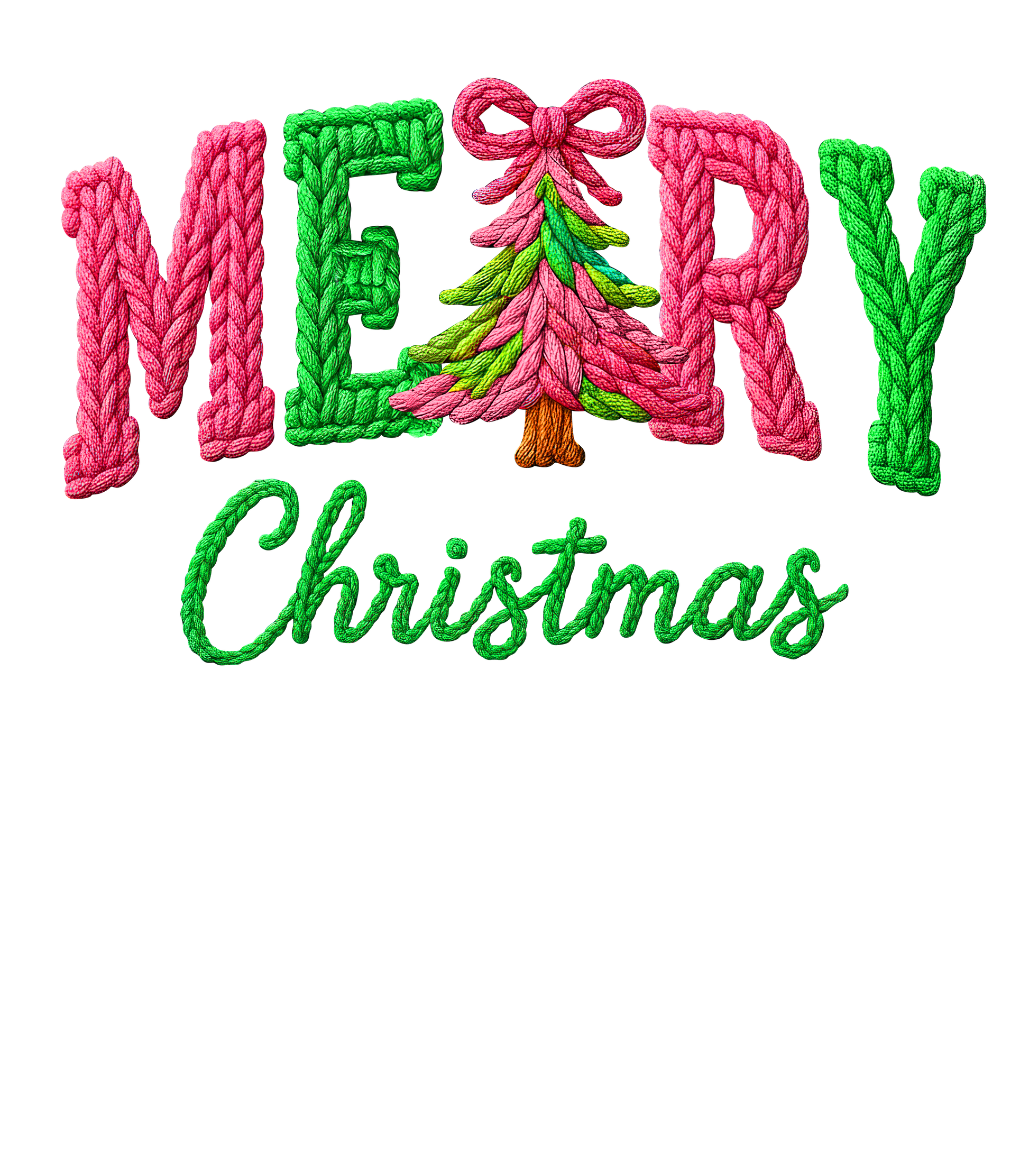 The image showcases the DB Custom Creations "Crochet Merry Christmas" design, with MERRY in pink and green crochet style, the E as a Christmas tree, and "Christmas" in green script below.