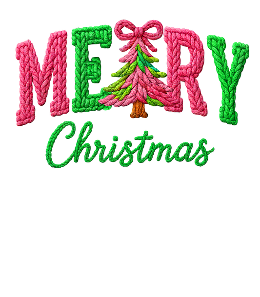 The image showcases the DB Custom Creations "Crochet Merry Christmas" design, with MERRY in pink and green crochet style, the E as a Christmas tree, and "Christmas" in green script below.