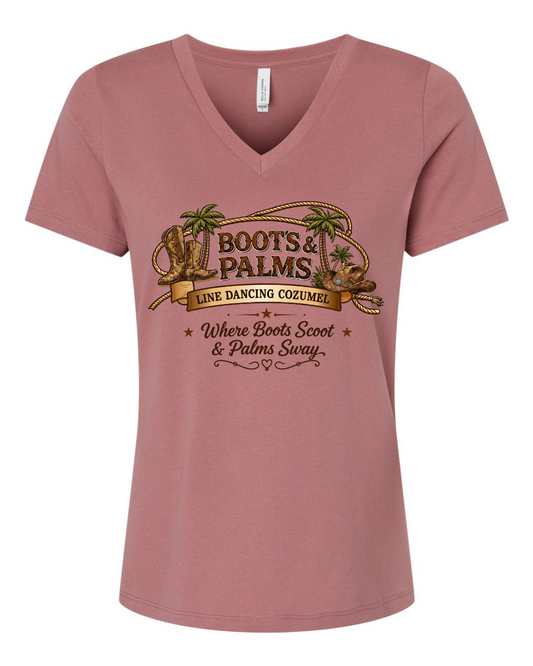The Ladies Bella Canvas Relaxed Jersey V-Neck Tee - 6405 by DB Custom Creations is a mauve ringspun cotton tee featuring the Boots & Palms Line Dancing Cozumel logo, “Where Boots Scoot & Palms Sway,” and cowboy boots, palm trees, and lasso graphics.