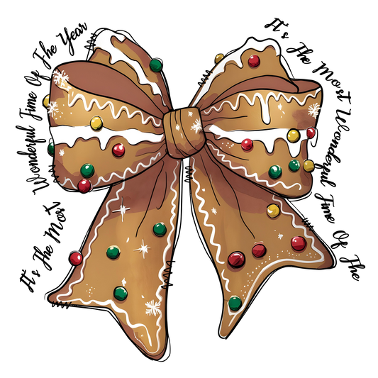 Celebrate with DB Custom Creations' “The Most Wonderful Time Box Black words,” featuring a festive gingerbread bow with white icing, colorful red, green, yellow candy dots, and the phrase “It’s The Most Wonderful Time Of The Year.”.