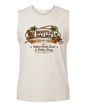 The Men's Bella Canvas Jersey Muscle Tank by DB Custom Creations features a sleeveless white design with a graphic of cowboy boots, palm trees, and a lasso. Text reads: BOOTS & PALMS LINE DANCING COZUMEL – Where Boots Scoot & Palms Sway.