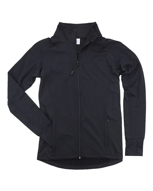 The DB Custom Creations TCA Team Jacket features a plain black, long-sleeve polyester-spandex design with a high collar, zip front pockets, full front zipper, fitted style, and TCA logo. Shown laid flat on a white background.