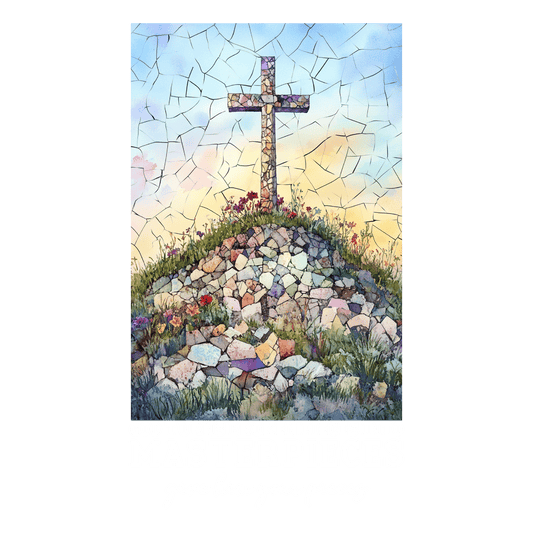 A mosaic cross stands on a hill of colorful fragments with flowers and grass. Text: God turns broken pieces into masterpieces—just as DB Custom Creations’ Broken Pieces crafts art from fragments. Trust Him with your pieces.