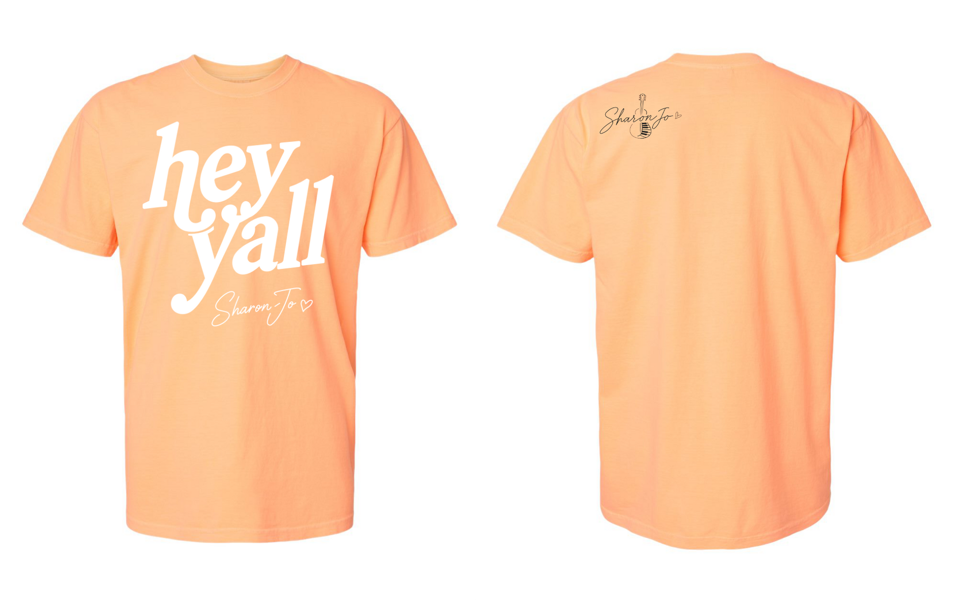 Front and back views of a peach "Love You Bye Guitar" T-shirt by DB Custom Creations. The front says “hey y’all” with “Shane Jo” below, while the back features a “Shane Jo” signature and guitar sketch near the neckline.